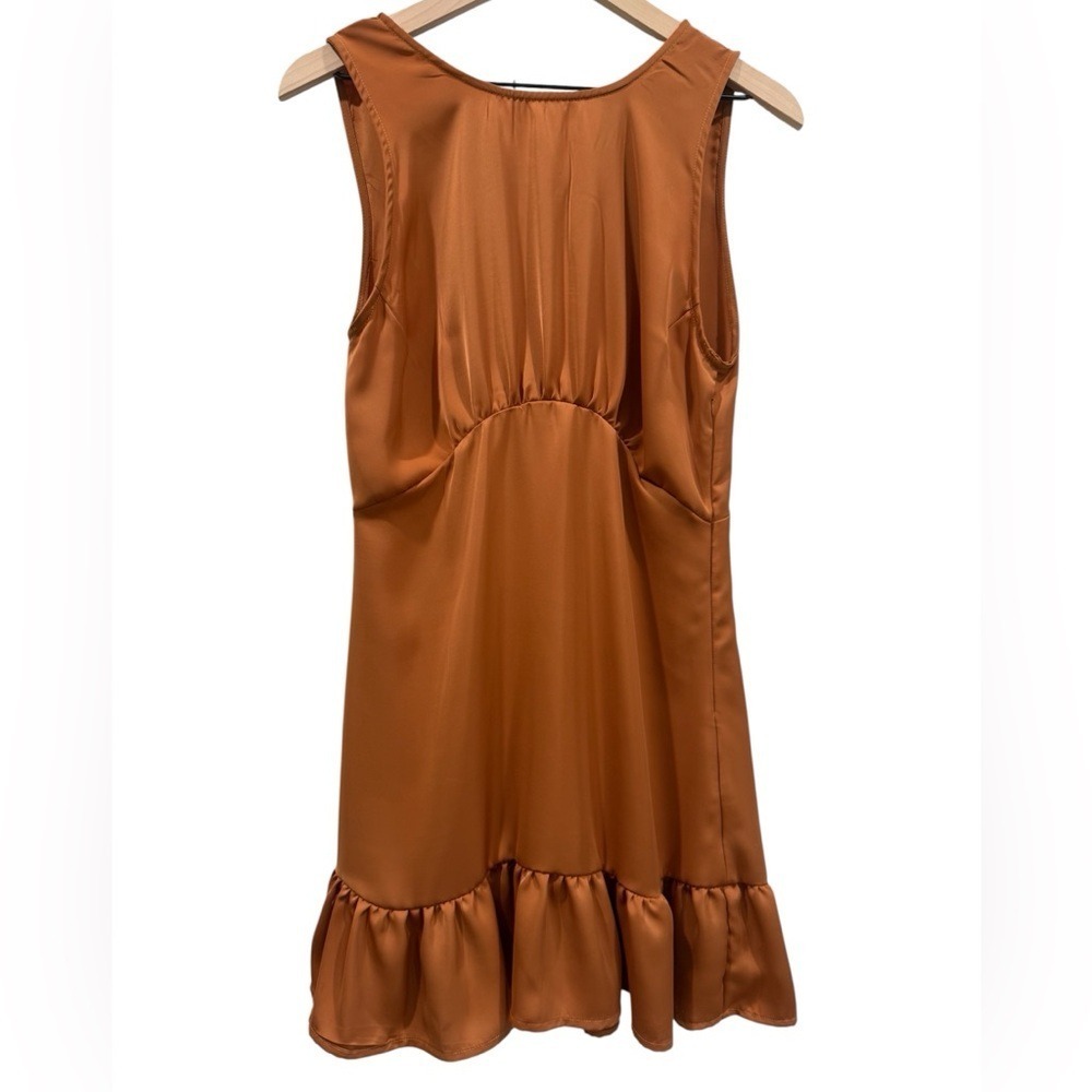 Deluc Silky Satin Sleeveless Ruffled Mini Dress in Rust Bronze- Medium
